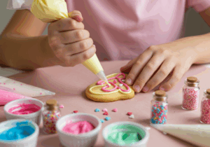 A child joyfully decorating a cookie with colorful icing, showcasing creativity in a fun baking activity.