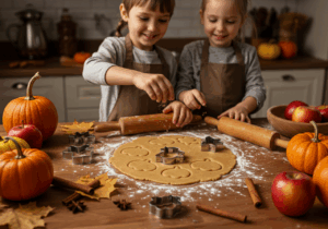 Two children joyfully making cookies with dough on a table, creating fun and memorable family moments together.