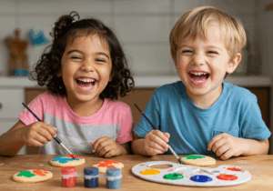 Two smiling children decorate cookies with colorful icing and sprinkles, enjoying a creative activity together.