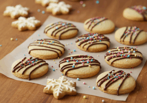 A tray of cookies topped with chocolate frosting and colorful sprinkles, showcasing creative decorating ideas for kids.
