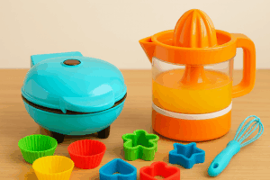 A colorful toy kitchen featuring a blender, muffin pan, and child-sized utensils for imaginative play.