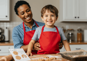 A woman and a child in aprons happily baking cookies together in a bright, cheerful kitchen.