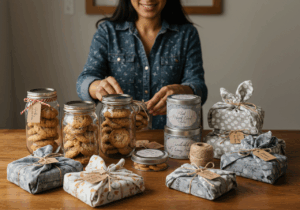 A smiling woman holds a jar of cookies, showcasing creative packaging ideas for gifts and parties.
