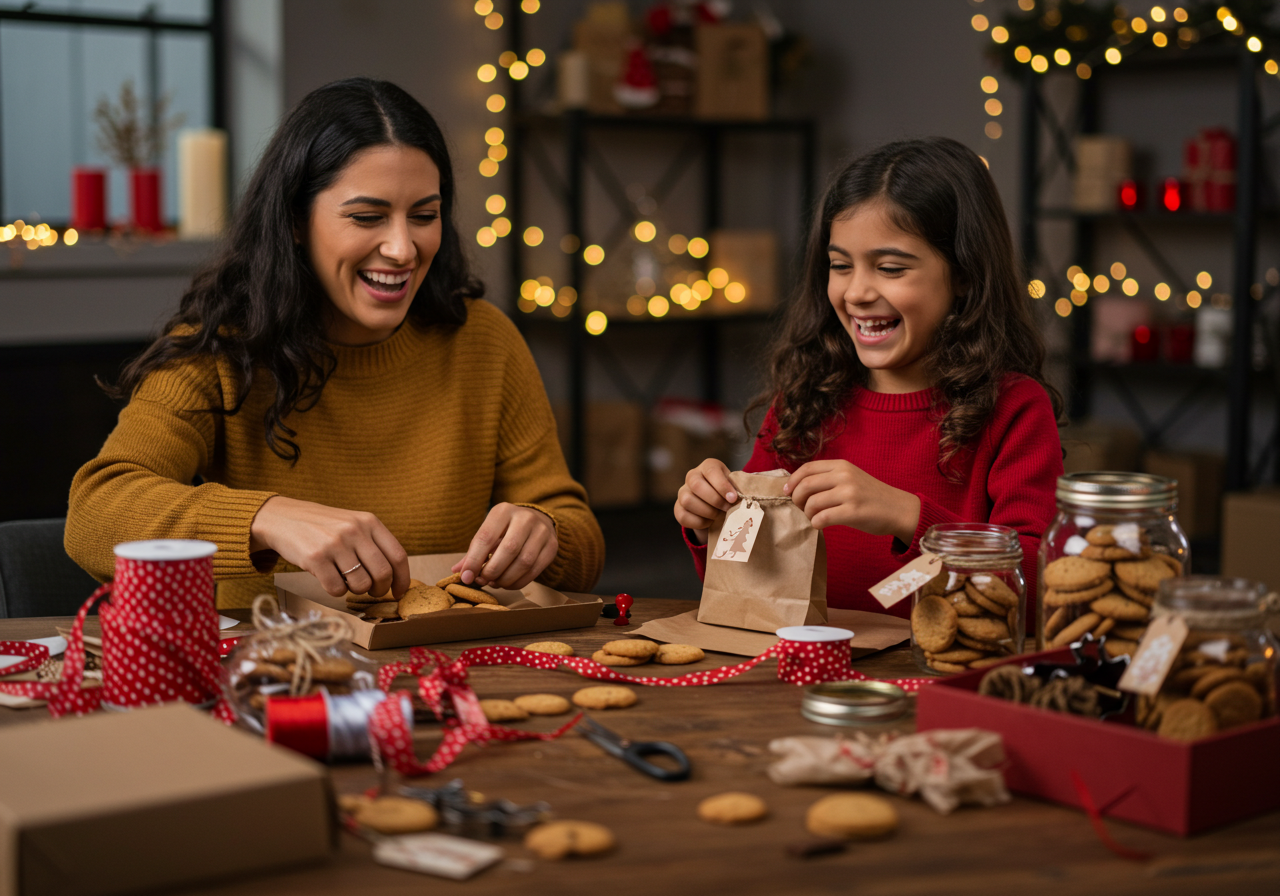 A mother and daughter joyfully baking cookies together, surrounded by ingredients and baking tools for gift packaging ideas.