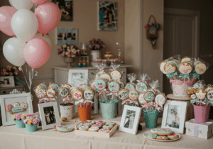 A table displays an assortment of cookies alongside colorful balloons, showcasing creative packaging ideas for gifts and parties.