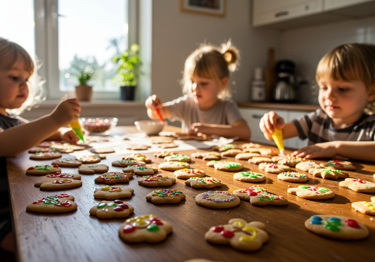 Two children are happily decorating cookies with colorful icing and sprinkles on a table, showcasing their creativity.