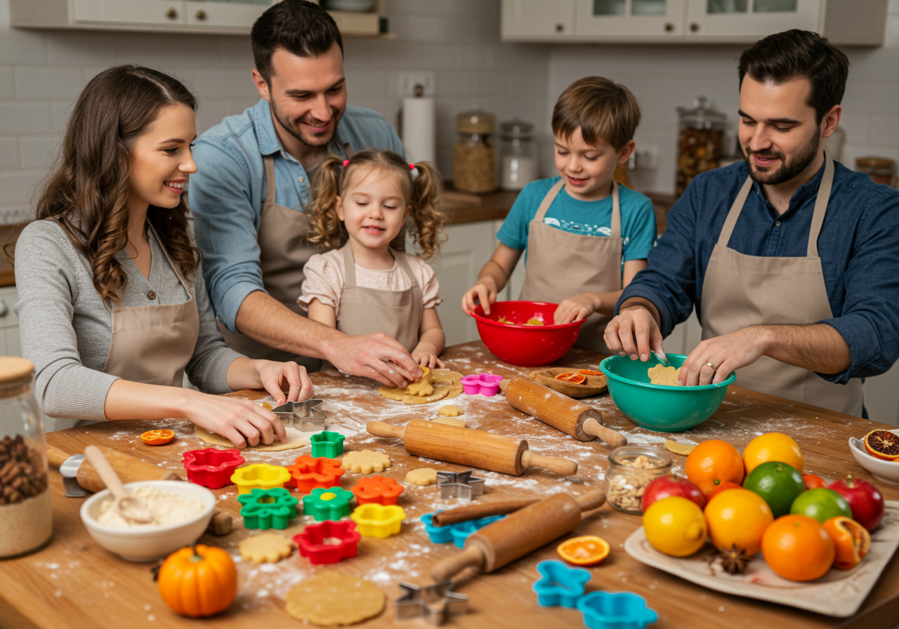 A family joyfully bakes cookies together in a cozy kitchen, creating fun and memorable moments.
