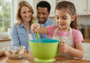 A little girl joyfully mixes ingredients in a bowl with her parents, showcasing family baking time in a kid-friendly kitchen.