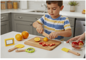 A young boy carefully cuts fruit on a cutting board, showcasing kid-friendly kitchen tools for baking together.