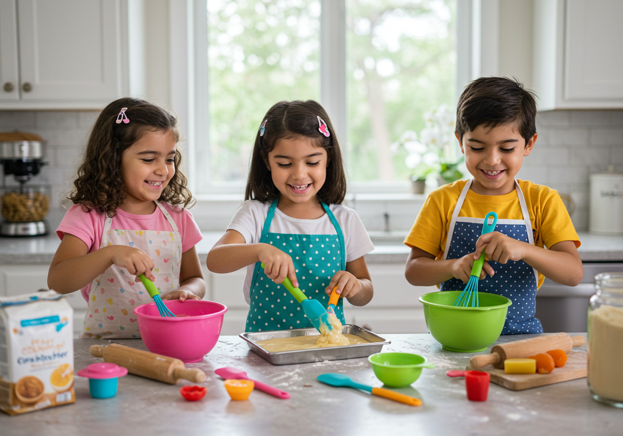 Three children joyfully baking cookies together in a bright kitchen, surrounded by various kid-friendly baking tools.