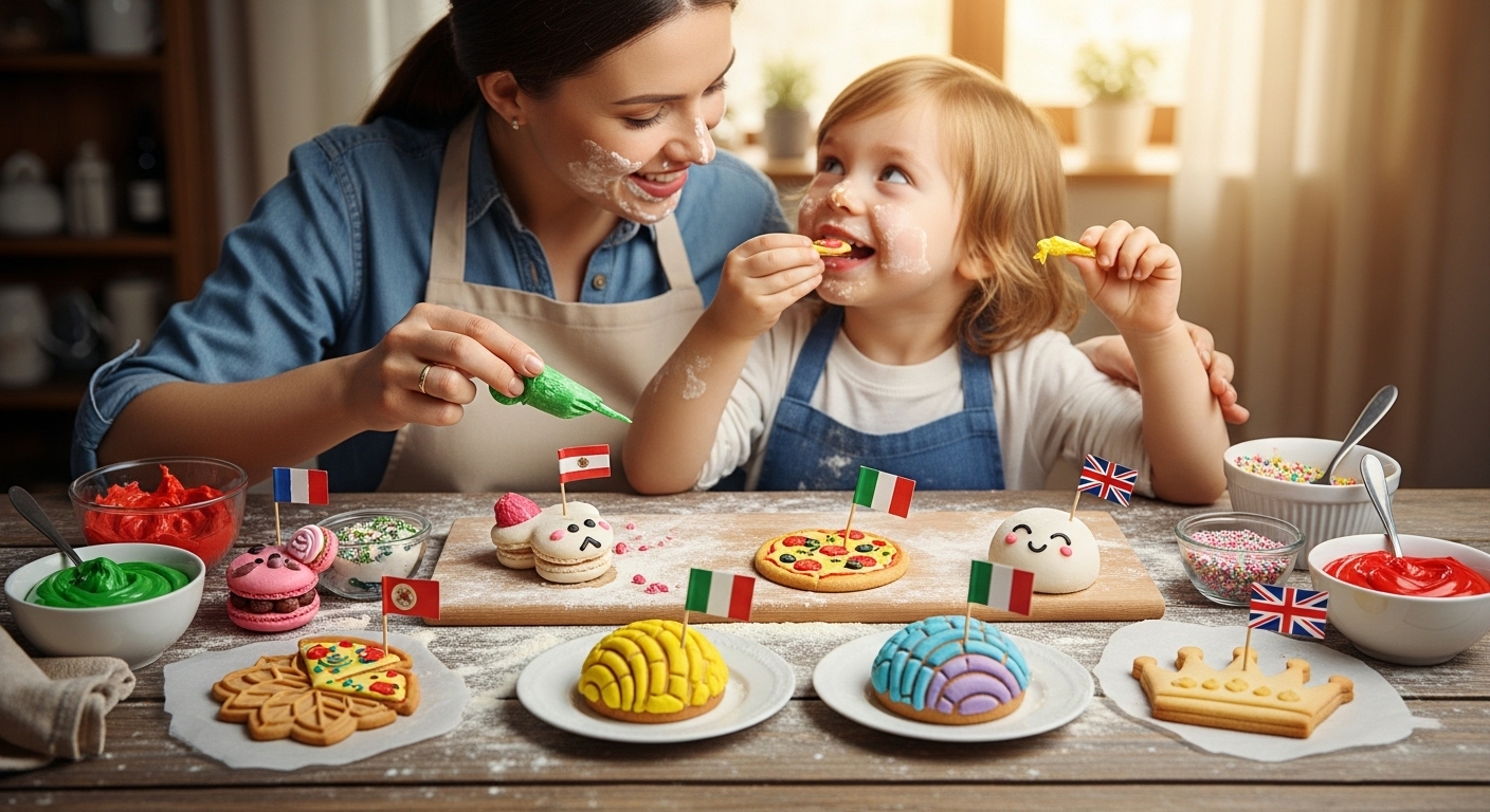 A woman and child enjoy cookies decorated with Italian flags, celebrating a fun, global baking tradition together.