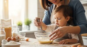 A woman and child joyfully bake cookies together, sharing a fun, family-friendly culinary experience.