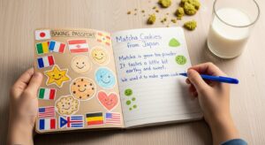 Child's baking passport journal for tracking international cookie recipes and cultural learning