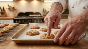 Baker testing cookie doneness by pressing center with finger
