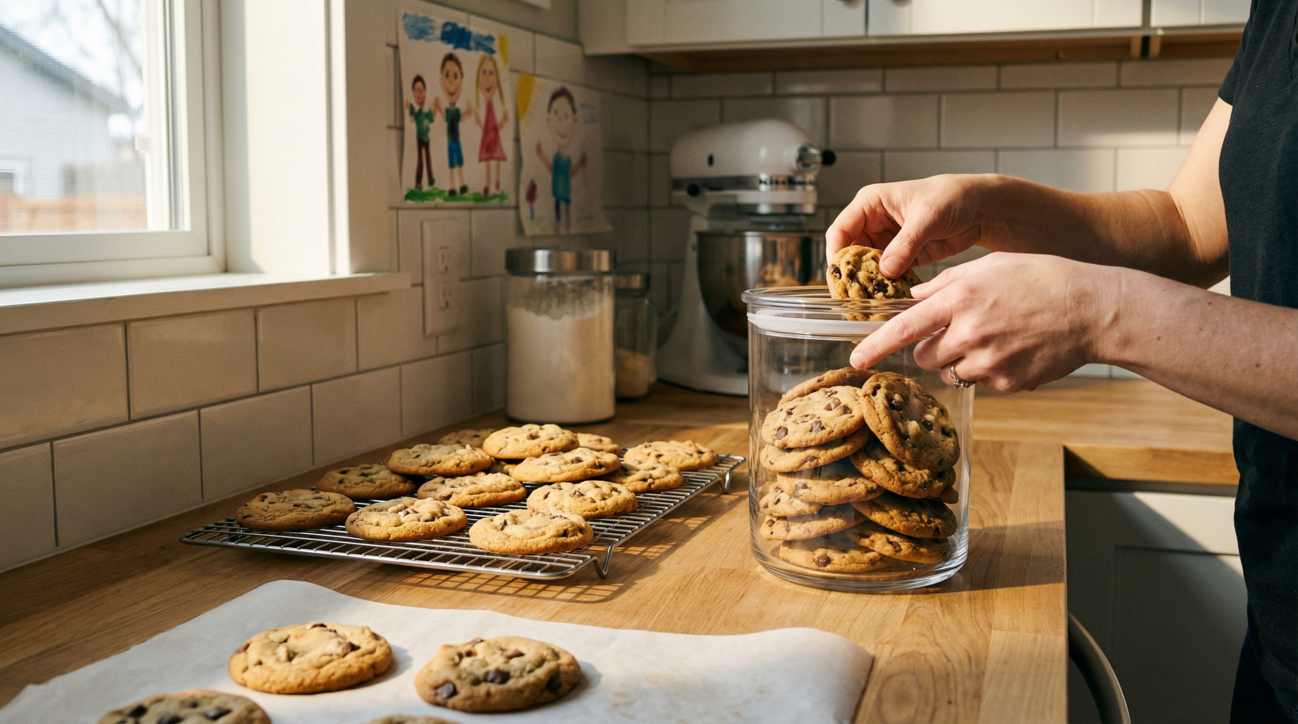 Freshly baked cookies being stored in airtight container on kitchen counter