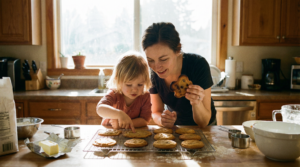 Mother and child learning from cookie baking mistakes in kitchen