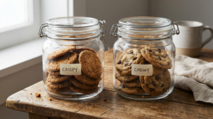 Two separate containers showing crispy and chewy cookies stored properly