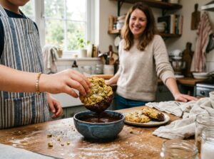 Child dipping pistachio cookie in melted Dubai chocolate