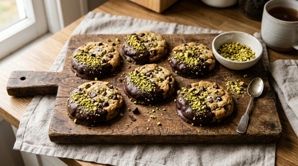 Mom and child making pistachio Dubai chocolate cookies at home