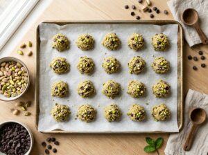 Pistachio cookie dough balls ready to bake on parchment paper