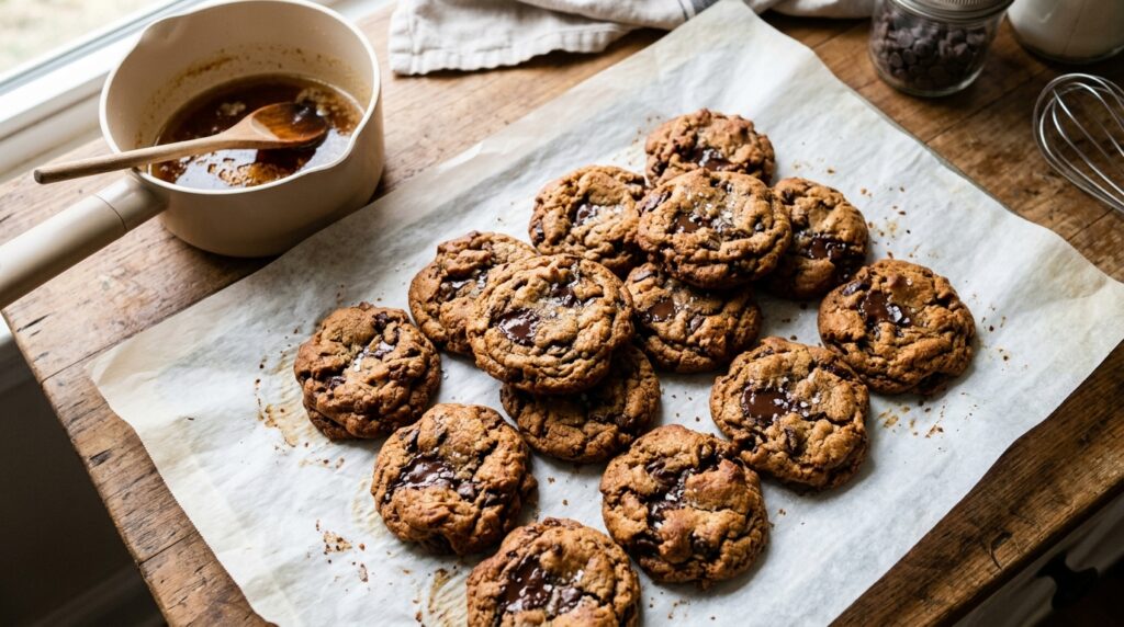 Brown butter chocolate chip cookies on parchment with browned butter pan