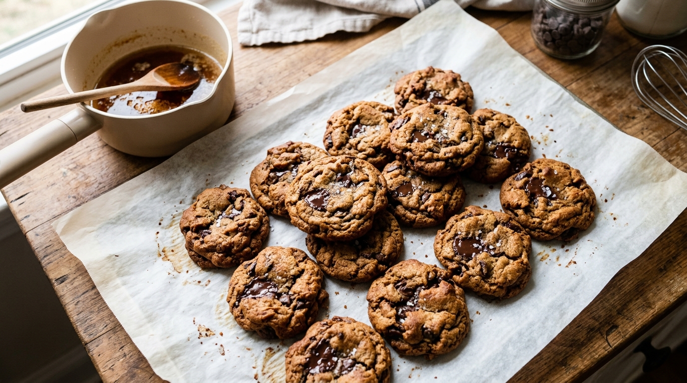 Brown butter chocolate chip cookies on parchment with browned butter pan