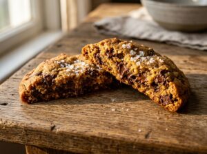 Brown butter cookie broken in half showing soft chewy golden interior