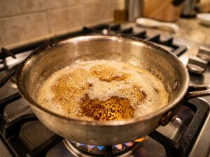 Butter browning in light saucepan showing golden amber color and milk solids