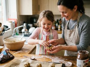 Child pressing Nutella filling into cookie dough ball with parent