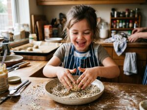 Child rolling tahini cookie dough ball in sesame seeds bowl