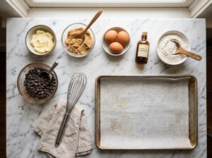 Cookie bar ingredients including butter brown sugar flour and chocolate chips