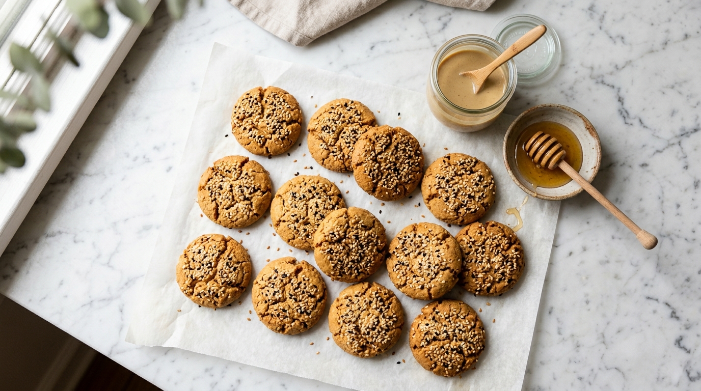 Golden tahini cookies coated in sesame seeds on parchment paper