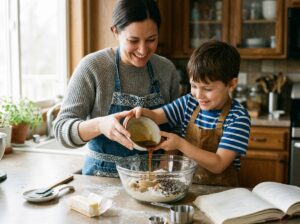 Parent and child pouring brown butter into cookie dough in kitchen