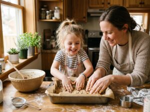 Parent and child pressing cookie bar dough into baking pan together
