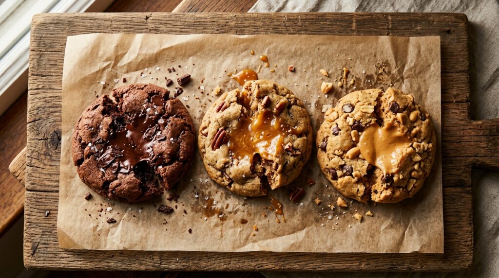 Stuffed cookies broken open showing gooey fillings on parchment
