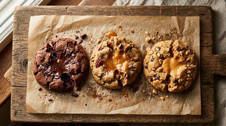 Stuffed cookies broken open showing gooey fillings on parchment