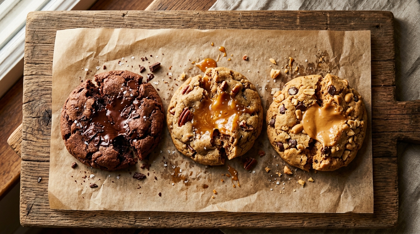 Stuffed cookies broken open showing gooey fillings on parchment