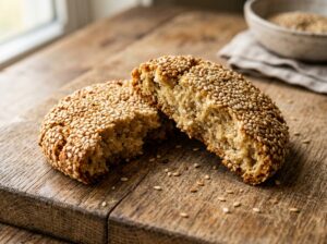 Tahini cookie broken in half showing soft golden sesame interior