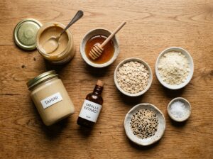 Tahini cookie ingredients including tahini jar honey and sesame seeds