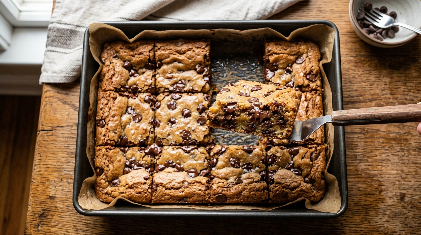 Thick chocolate chip cookie bars cut into squares in baking pan