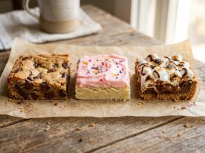 Three cookie bar varieties chocolate chip frosted sugar and smores