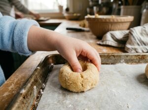 Child pressing thumb into cookie dough ball to make thumbprint indent