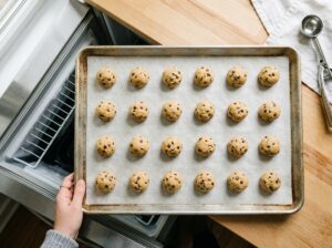 Cookie dough balls on parchment lined sheet ready for flash freezing