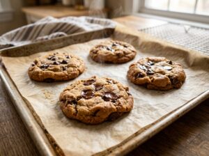 Fresh baked cookies just out of oven baked from frozen cookie dough