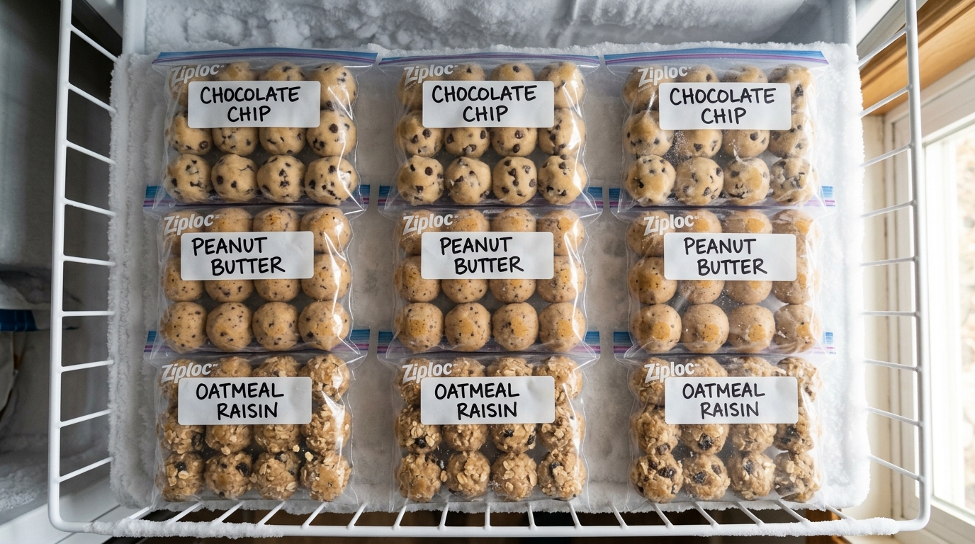 Labeled freezer bags with portioned cookie dough balls for freezing