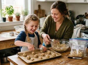Parent and child scooping cookie dough balls for batch freezing together