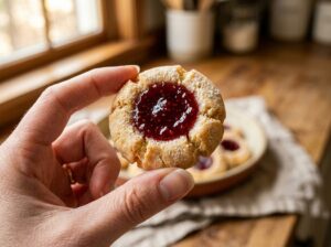 Single thumbprint cookie showing golden base with raspberry jam center