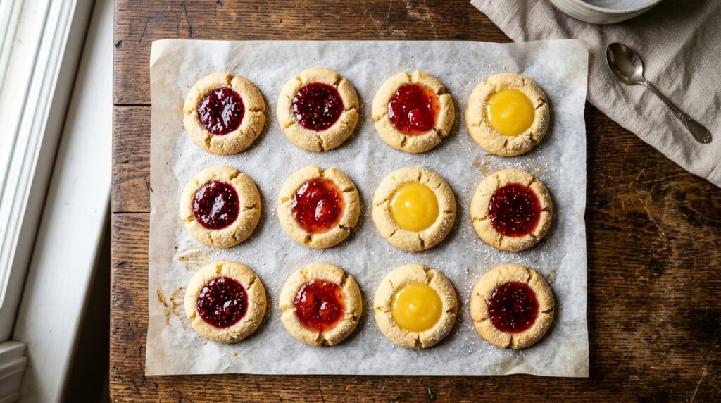 Thumbprint cookies with colorful jam fillings on parchment paper