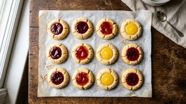 Thumbprint cookies with colorful jam fillings on parchment paper
