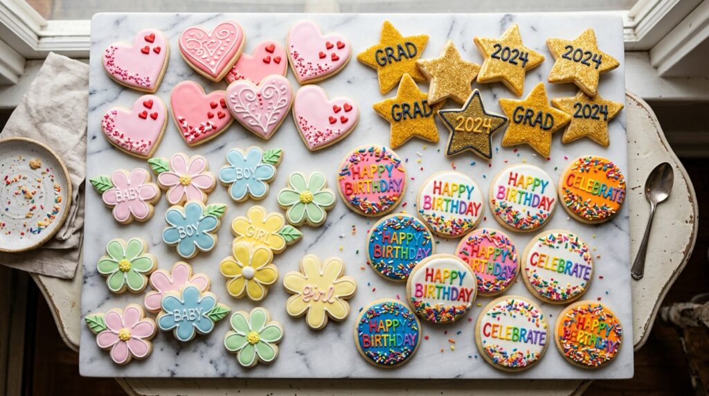 Assorted decorated celebration cookies for every occasion on marble